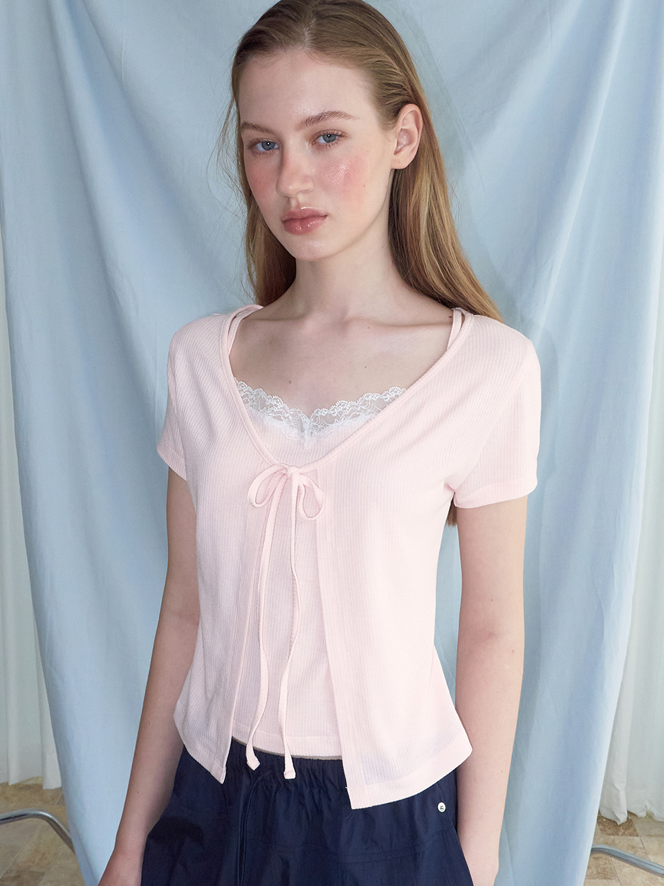Lace Layered Cardigan T-Shirt, Pink