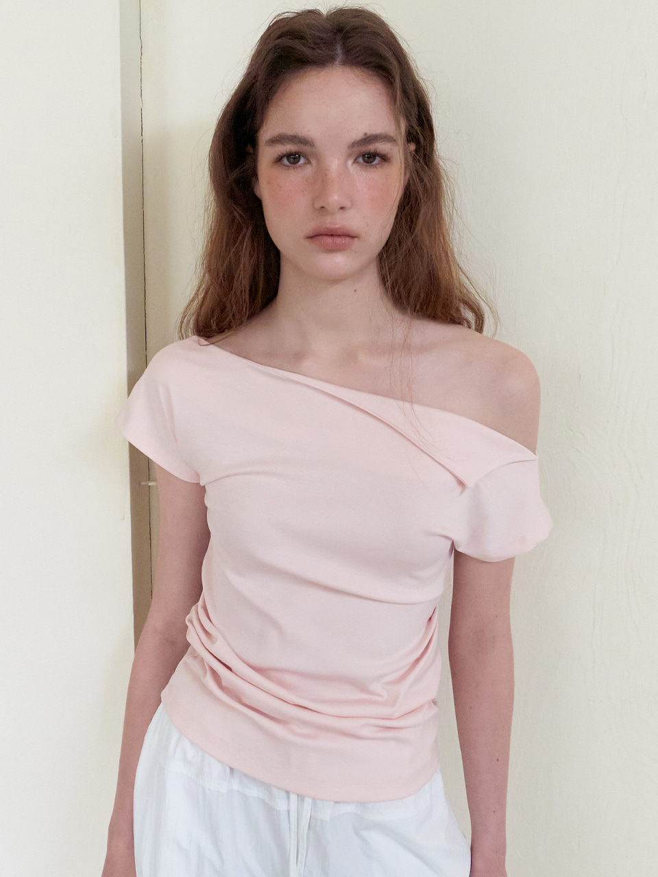 Off Shirring T-Shirt, Light Pink