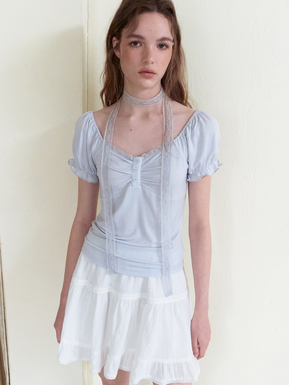 Lace Scarf Puff T-Shirt, Greyish Blue