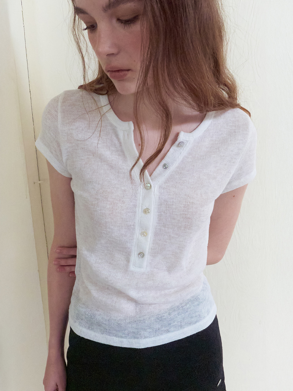 Half Open Button T-Shirt, White
