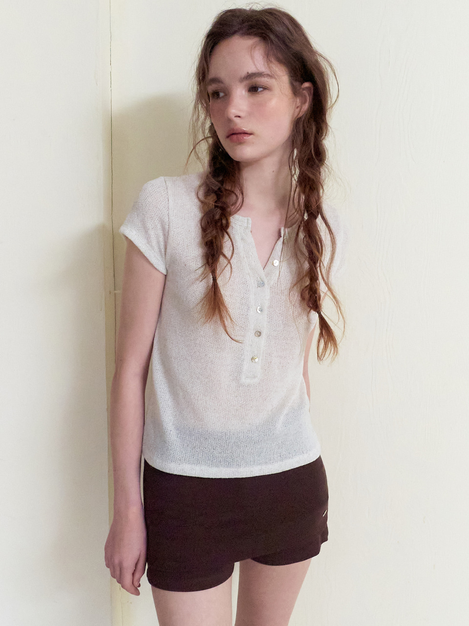 Half Open Button T-Shirt, Oatmeal