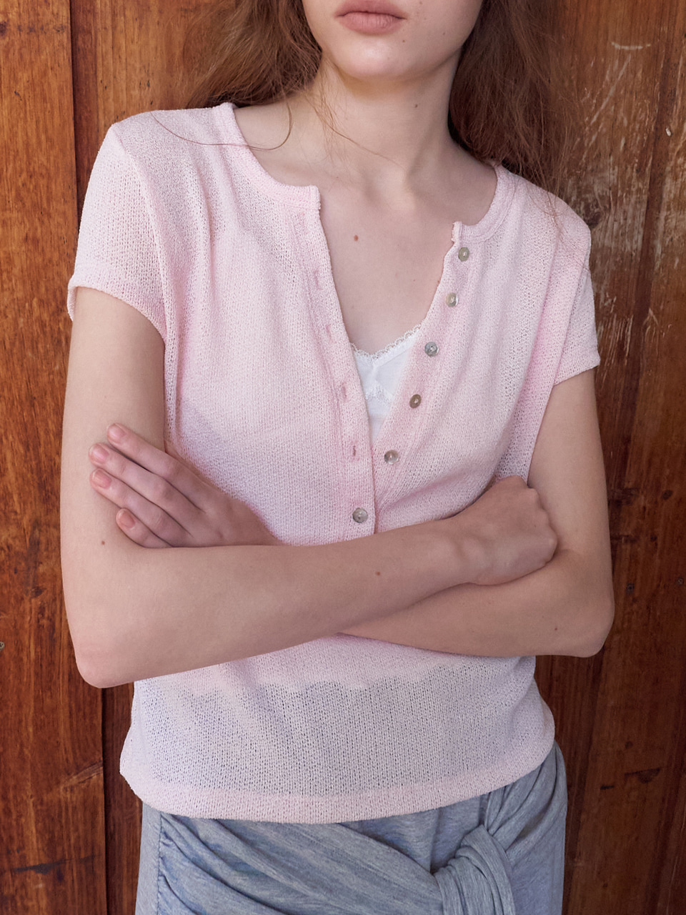 Half Open Button T-Shirt, Pink