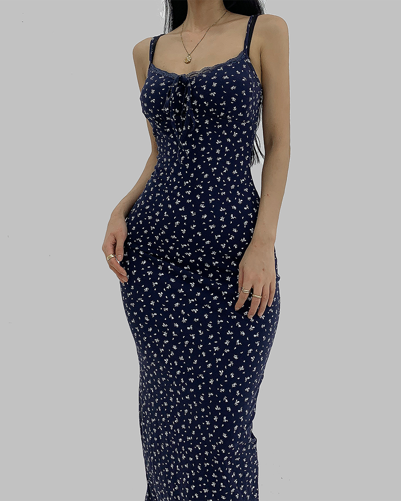 フラワースリムリボンスクエアネックロングキャミワンピース