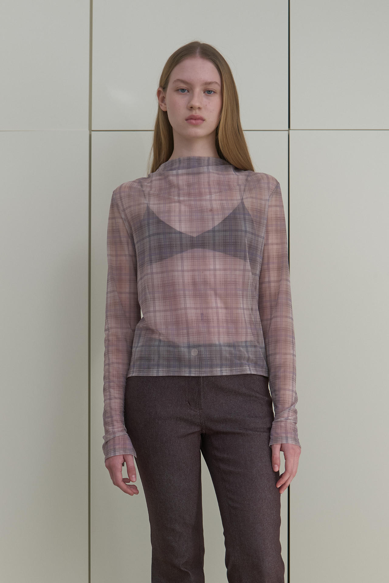 TURTLE NECK SHEER SHIRT_GREIGE