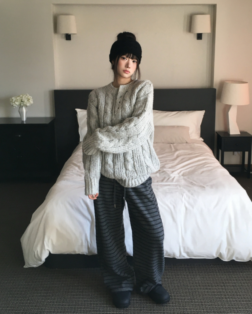 (2color)裏起毛ボーダーワイドパンツ