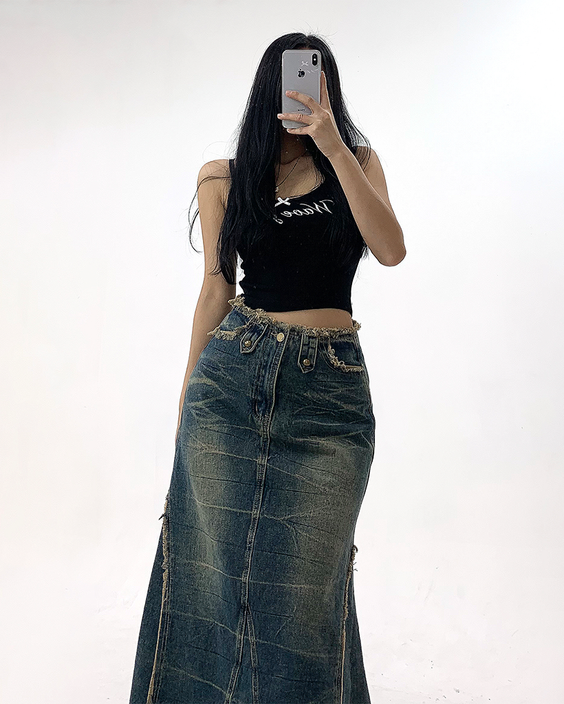 ヴィンテージウォッシュタッセルローライズデニムマキシスカート