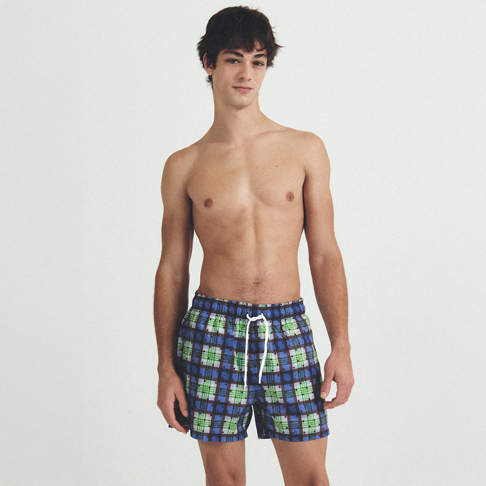 Tartan Dot  Swim Trunks - Berry Forest