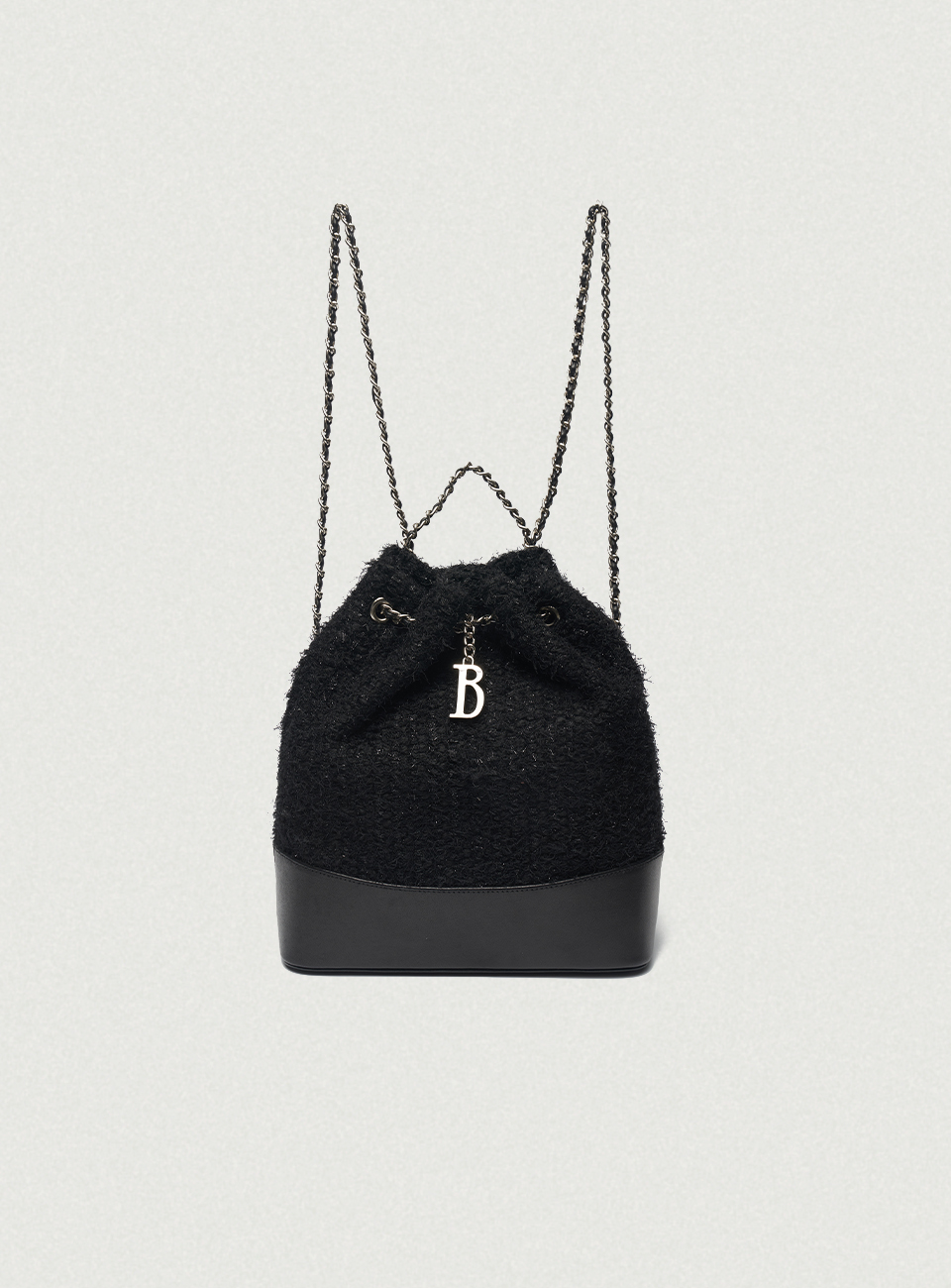 Tweed Drawstring Chain Backpack_Black