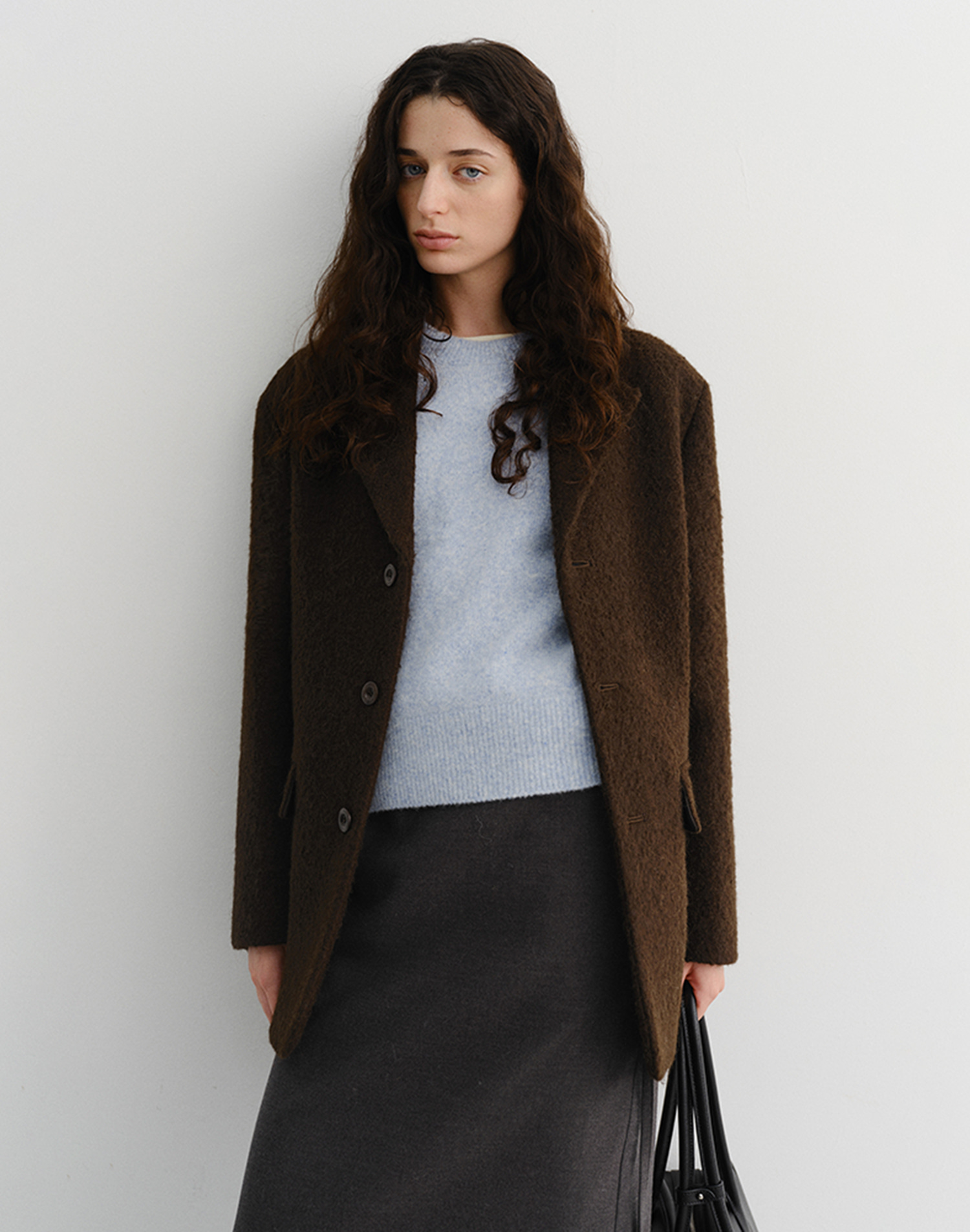 UNISEX 3 BUTTON BOUCLE WOOL JACKET DARK BROWN_UDJA5D124W2