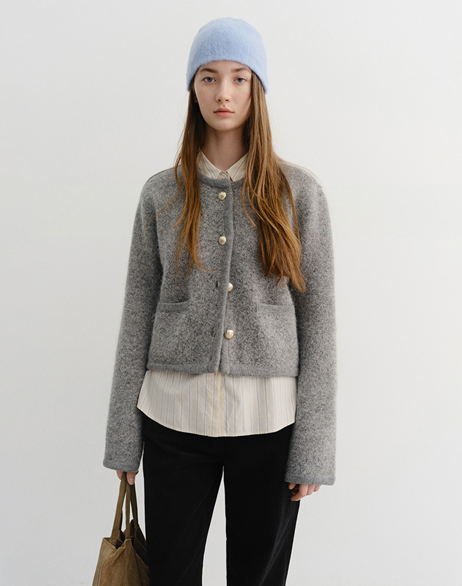 COLLARLESS KNIT JACKET MELANGE GREY_UDJA5D221G2