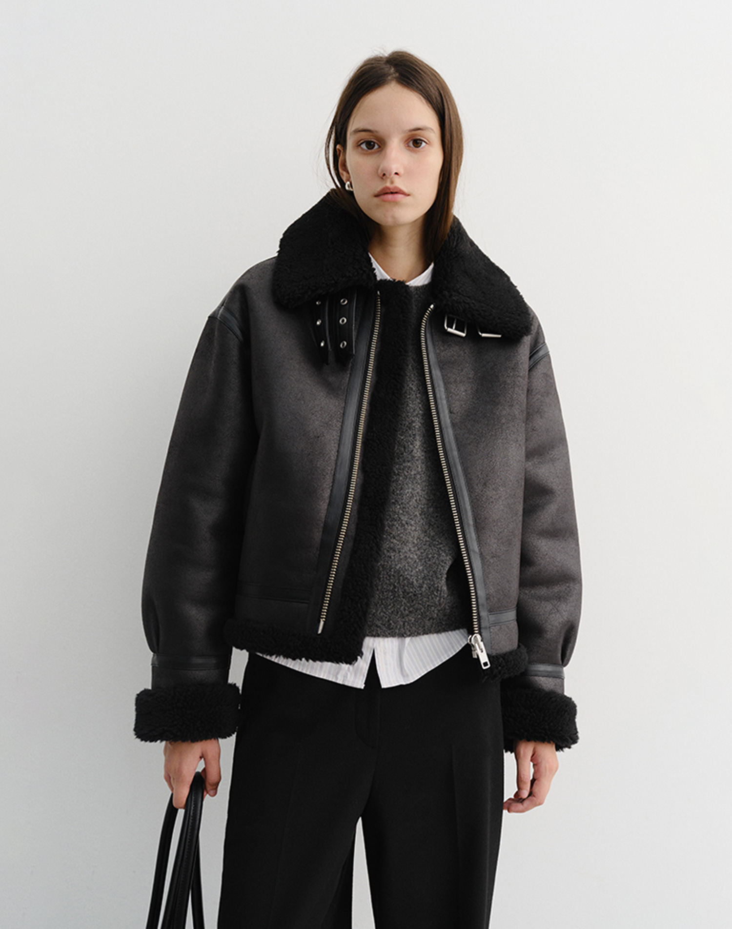 UNISEX LOOSE FIT LINE SHEARLING JACKET BLACK_UDJU5D123BK