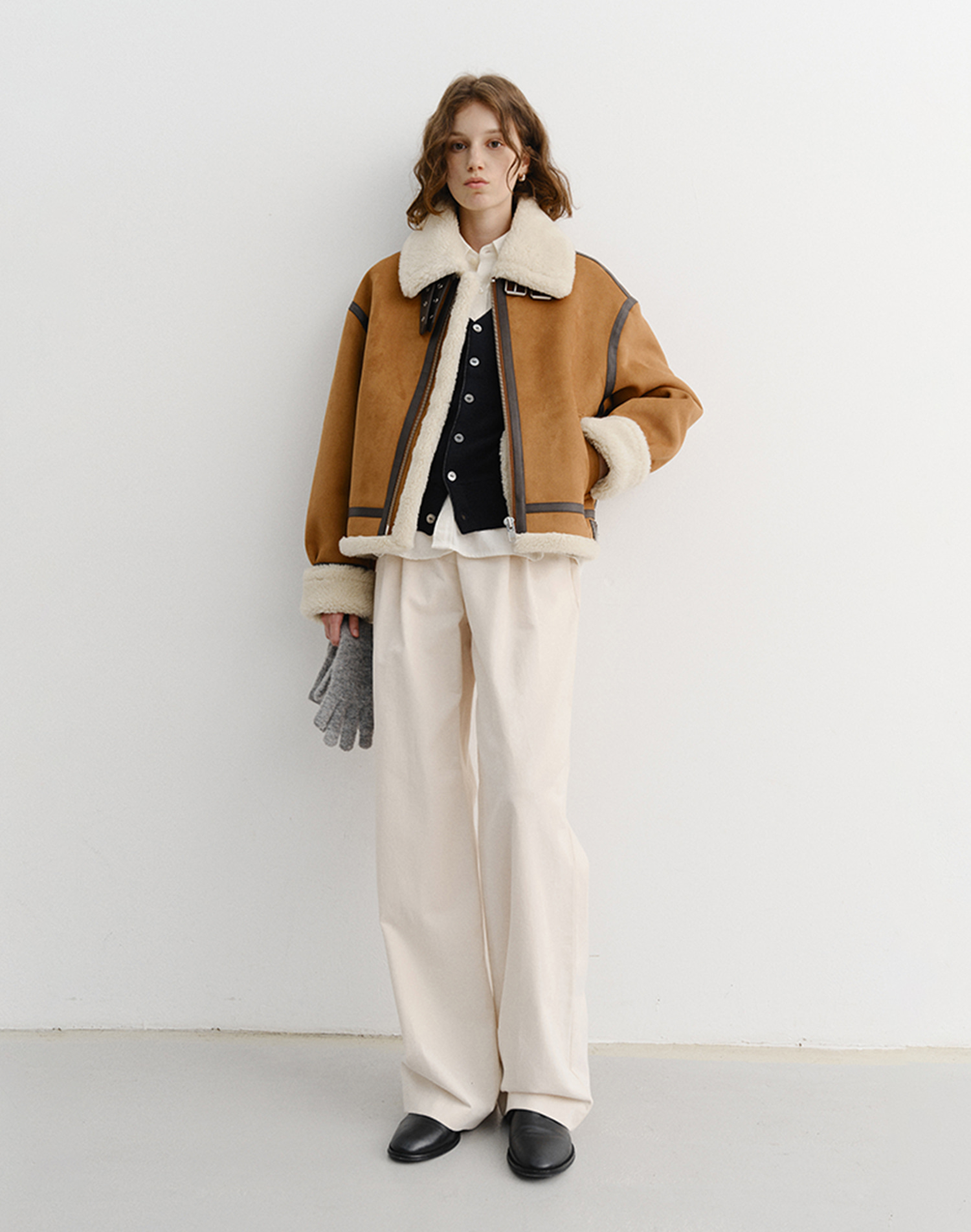 UNISEX LOOSE FIT LINE SHEARLING JACKET CAMEL_UDJU5D123CM