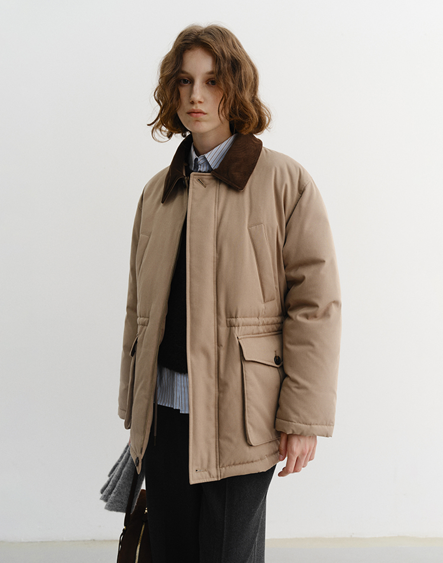 UNISEX COLLARED GOOSE DOWN HALF JACKET LIGHT KHAKI_UDJU5D134K1