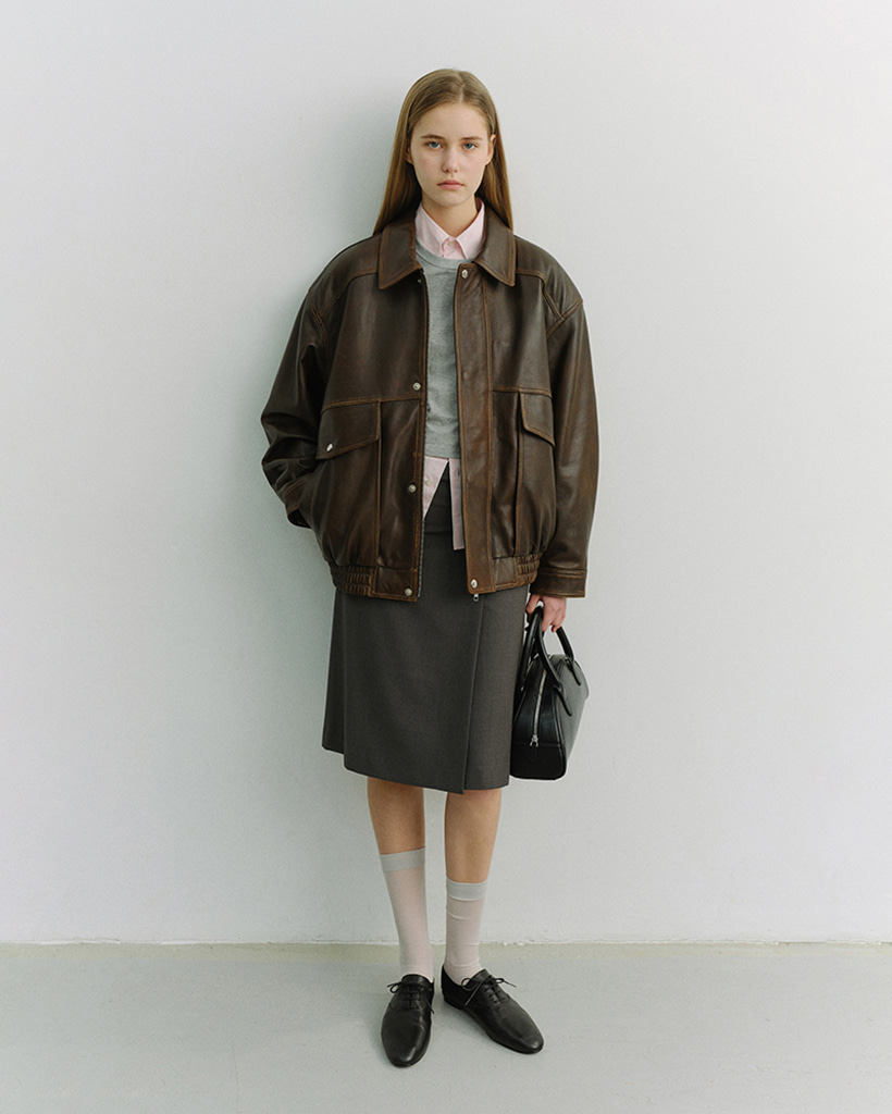 UNISEX OVERSIZED VINTAGE LEATHER BLOUSON BRUSHED BROWN_UDJU6A103W2