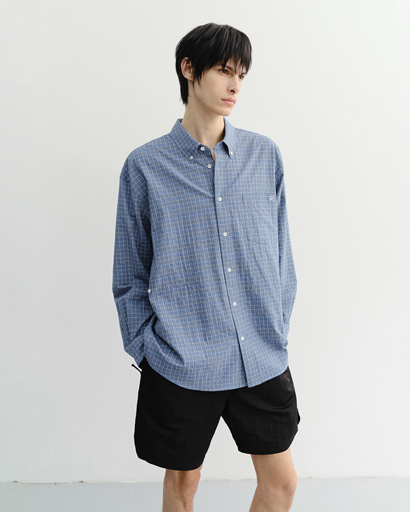 UNISEX SEERSUCKER BD SHIRT BLUE CHECK_M_UDSH6B127B2
