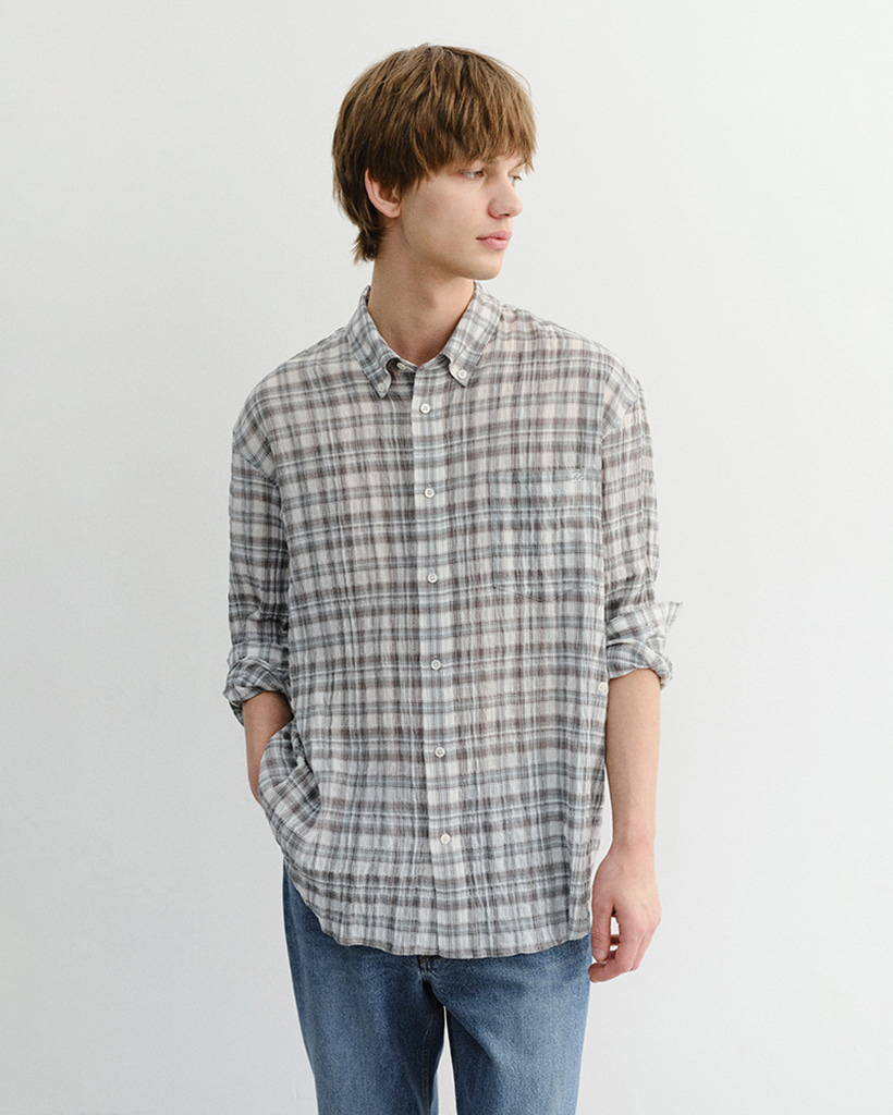 UNISEX SEERSUCKER BD SHIRT SOFT GREEN CHECK_M_UDSH6B127E1