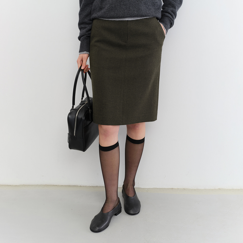 H-LINE WOOL MIDI SKIRT DARK KHAKI_UDSK5C203K2