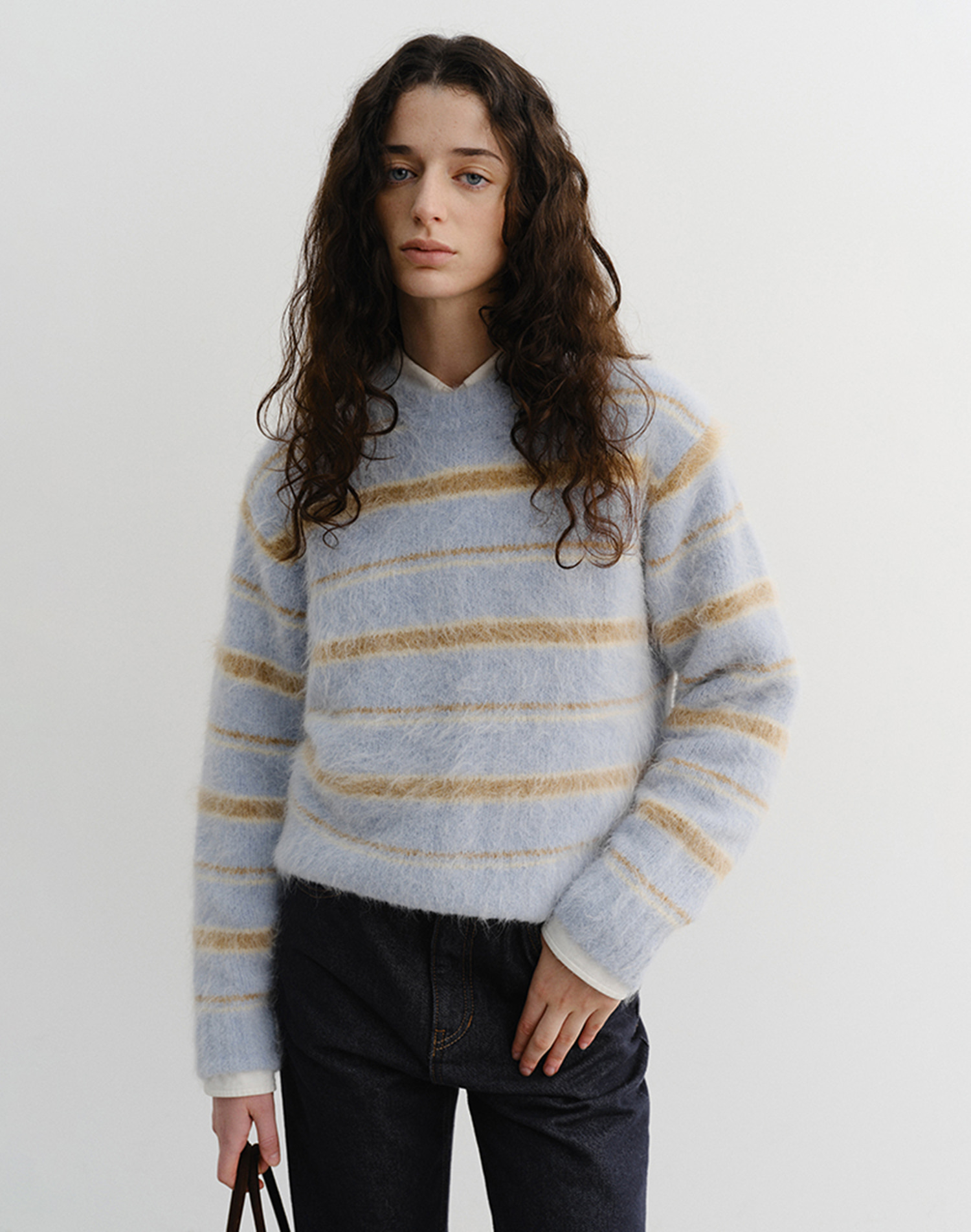 UNISEX STRIPED HAIRY SWEATER SOFT BLUE BROWN_UDSW5D129B1