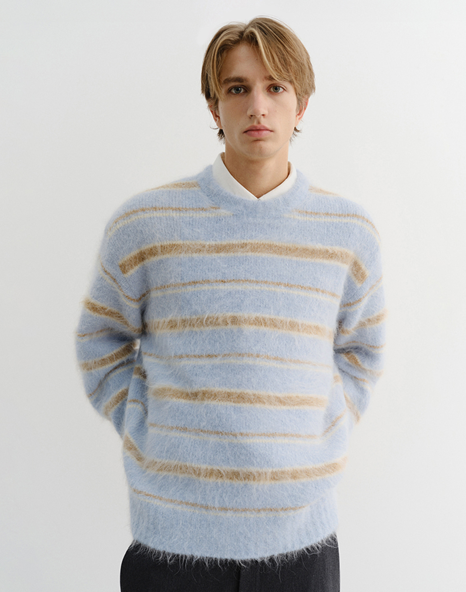 UNISEX STRIPED HAIRY SWEATER SOFT BLUE BROWN_M_UDSW5D129B1