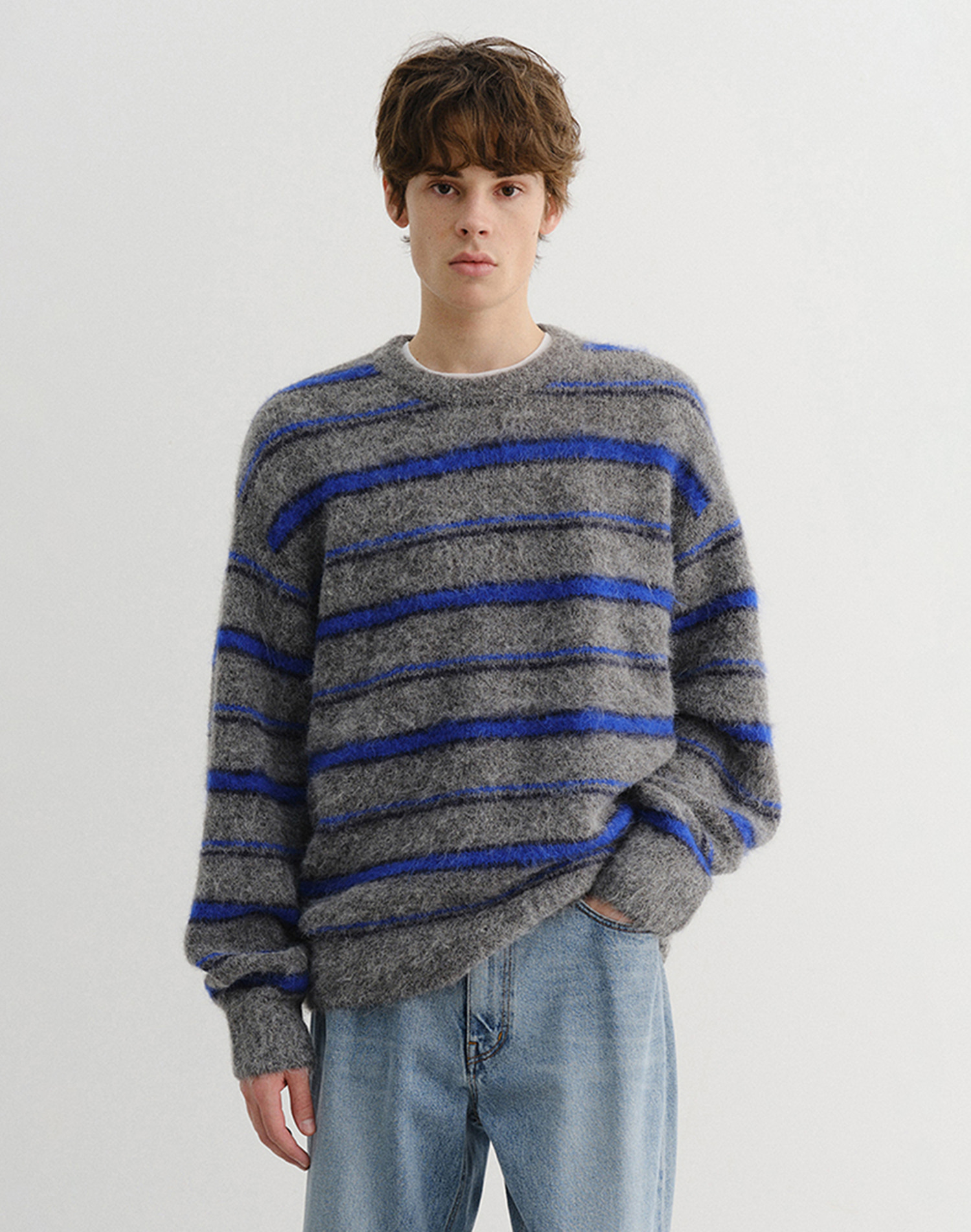 UNISEX STRIPED HAIRY SWEATER MELANGE GREY BLUE_M_UDSW5D129G2