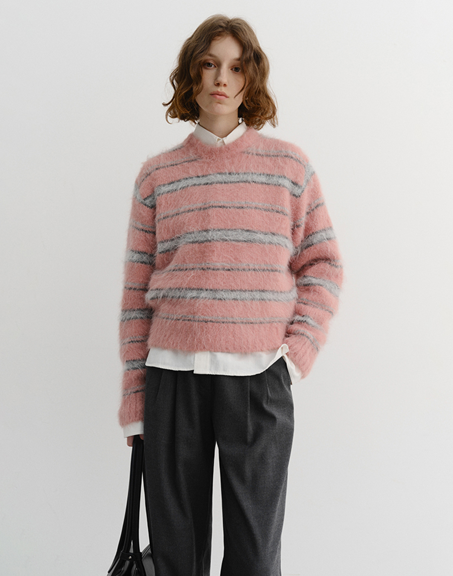 UNISEX STRIPED HAIRY SWEATER SOFT PINK BROWN_UDSW5D129P1