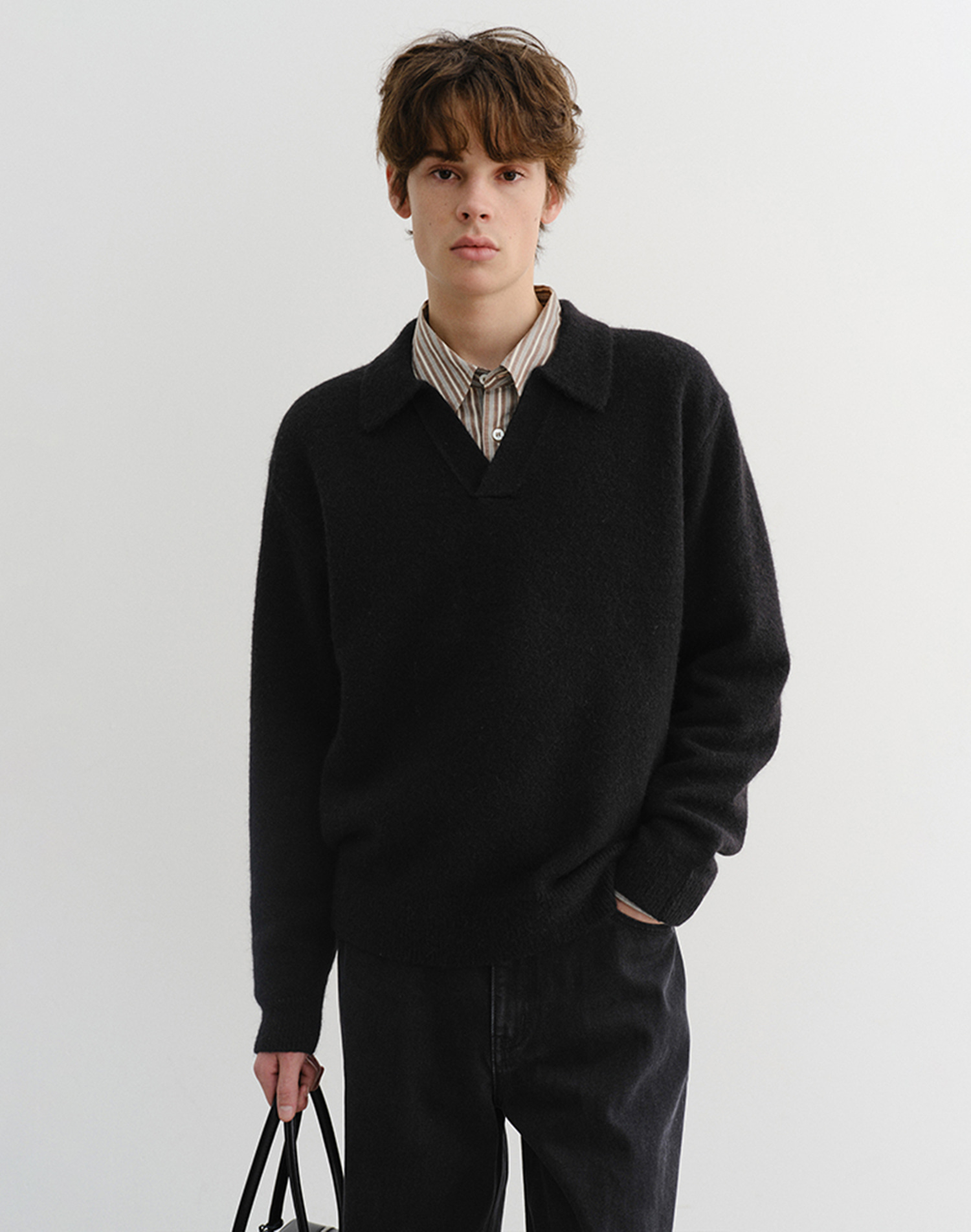 UNISEX OPEN COLLARED SWEATER BLACK_M_UDSW5D137BK