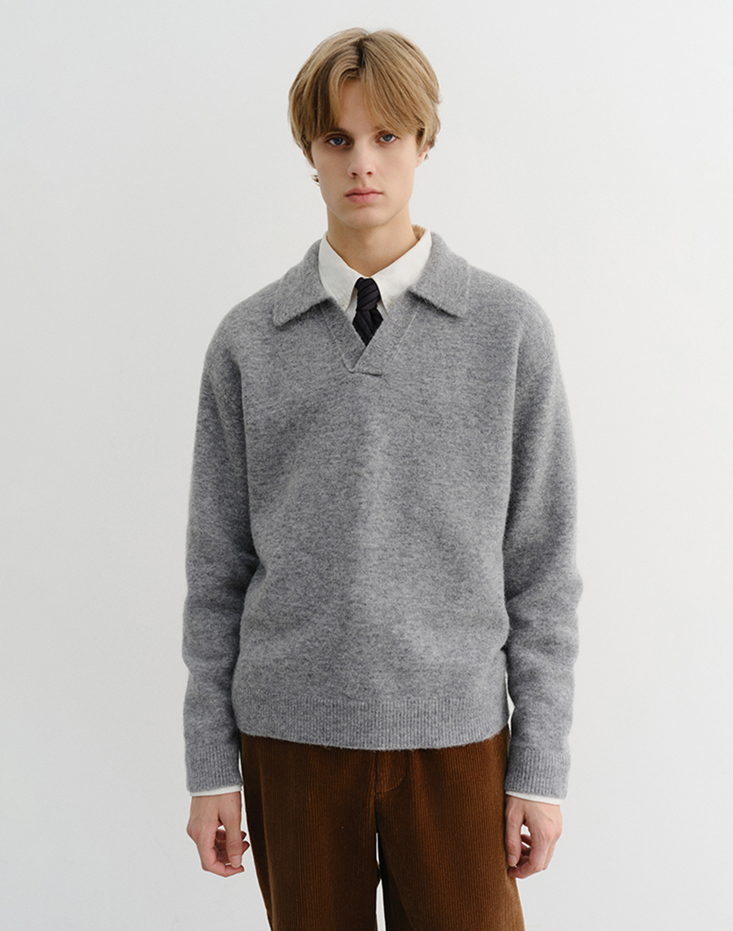 UNISEX OPEN COLLARED SWEATER MELANGE GREY_M_UDSW5D137G2