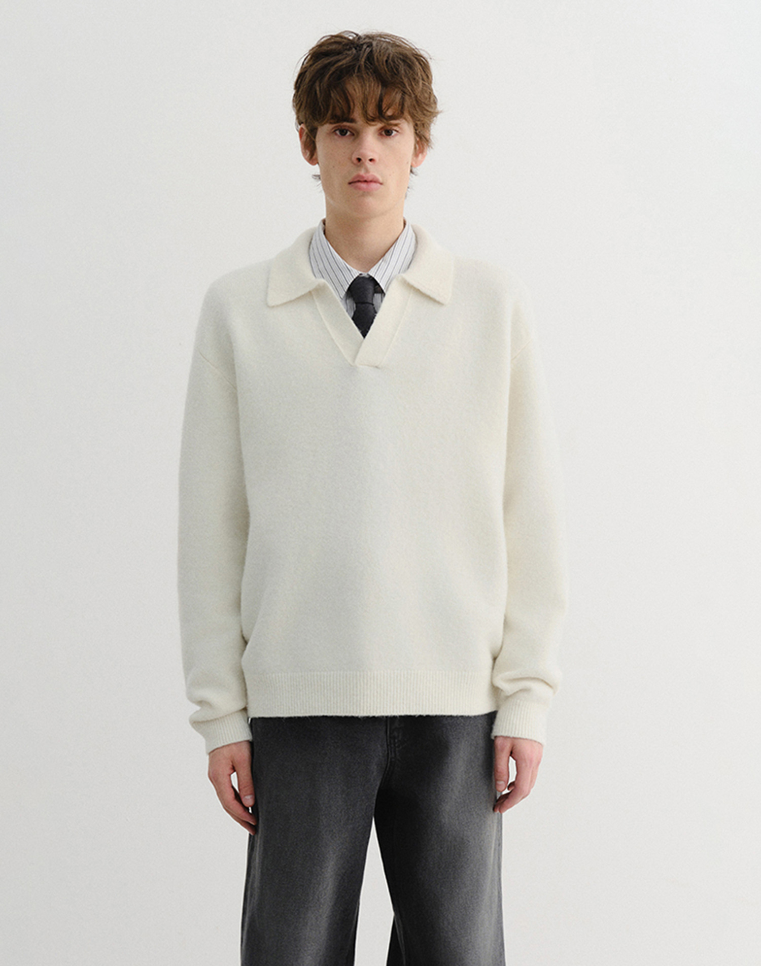 UNISEX OPEN COLLARED SWEATER IVORY_M_UDSW5D137IV