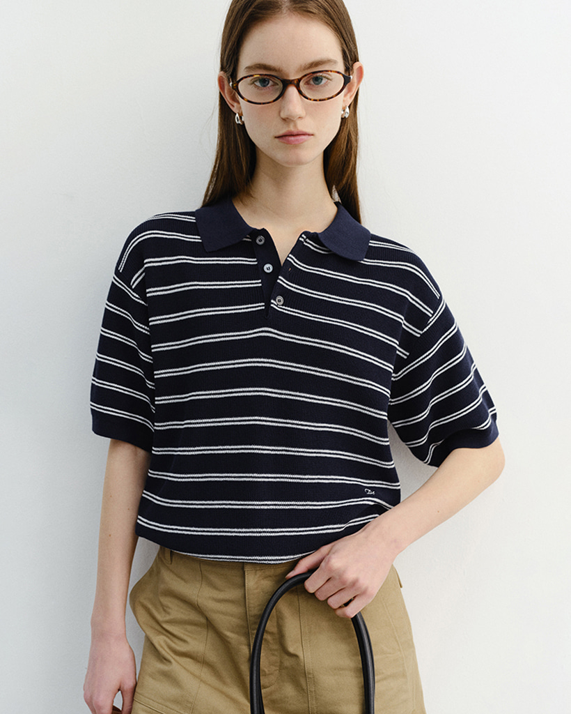 UNISEX SOFT STRIPED POLO KNIT NAVY_UDSW6B121N2
