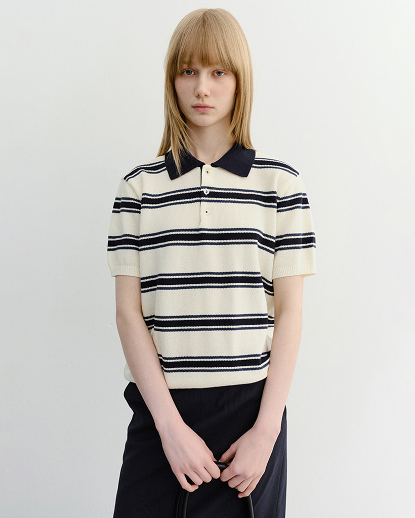 UNISEX MULTI STRIPED POLO KNIT CREAM NAVY_UDSW6B122CR