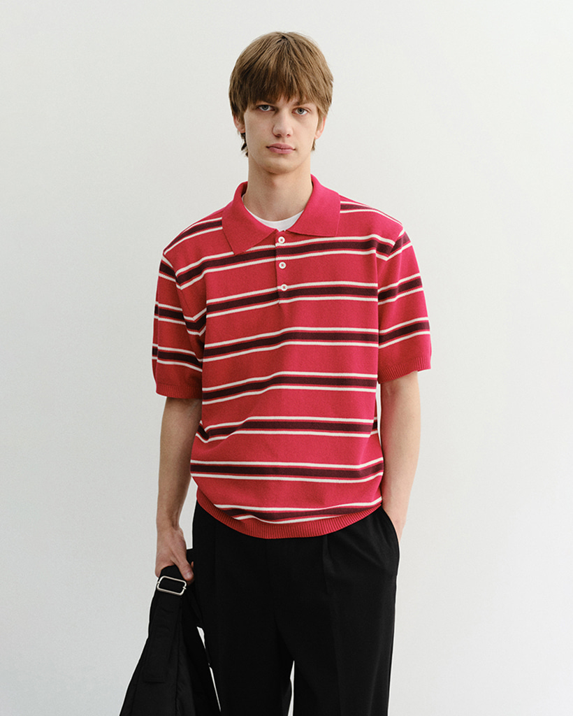 UNISEX MULTI STRIPED POLO KNIT RED BURGUNDY_M_UDSW6B122R2