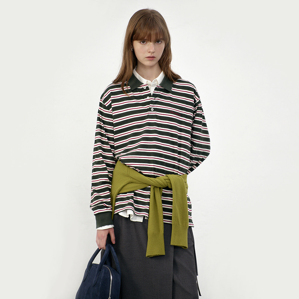 UNISEX MULTI STRIPE COLLARED T-SHIRT DARK GREEN STRIPE_UDTS5C119E3