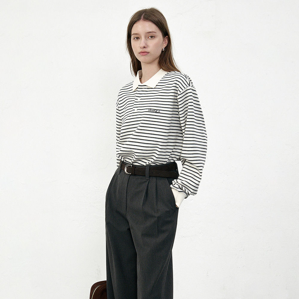 UNISEX MULTI STRIPE COLLARED T-SHIRT IVORY PIQUE STRIPE_UDTS5C119IV