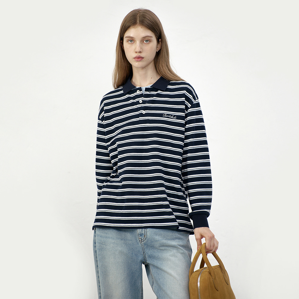 UNISEX MULTI STRIPE COLLARED T-SHIRT NAVY PIQUE STRIPE_UDTS5C119N2