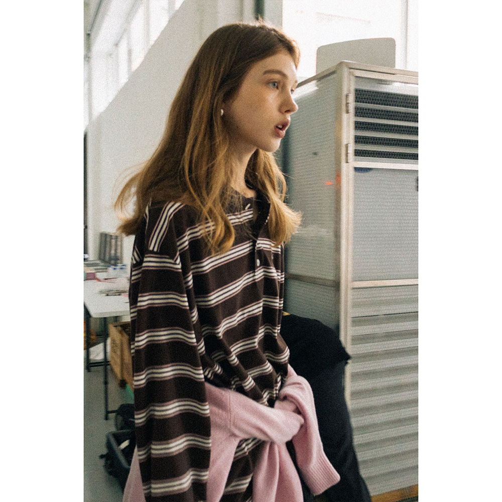 UNISEX MULTI STRIPE COLLARED T-SHIRT BROWN STRIPE_UDTS5C119W2