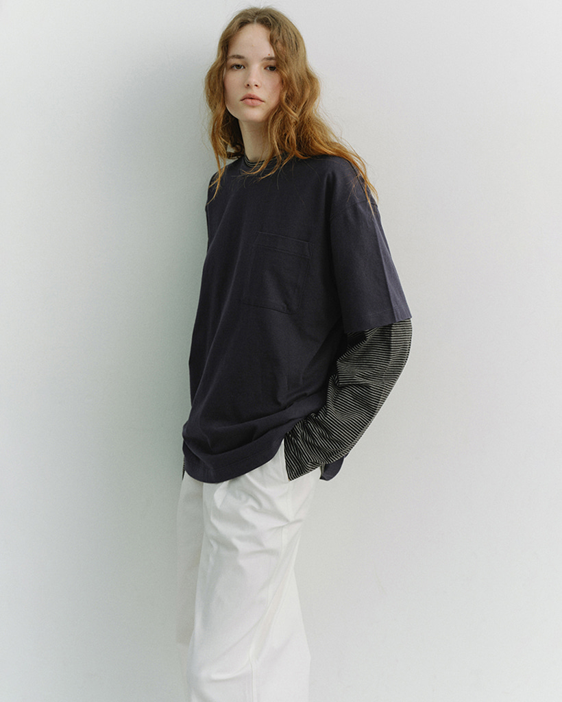 UNISEX LAYERED SET-UP T-SHIRT NAVY BLACK STRIPE_UDTS6A117N2