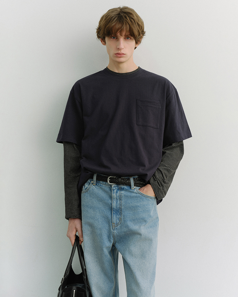 UNISEX LAYERED SET-UP T-SHIRT NAVY BLACK STRIPE_M_UDTS6A117N2