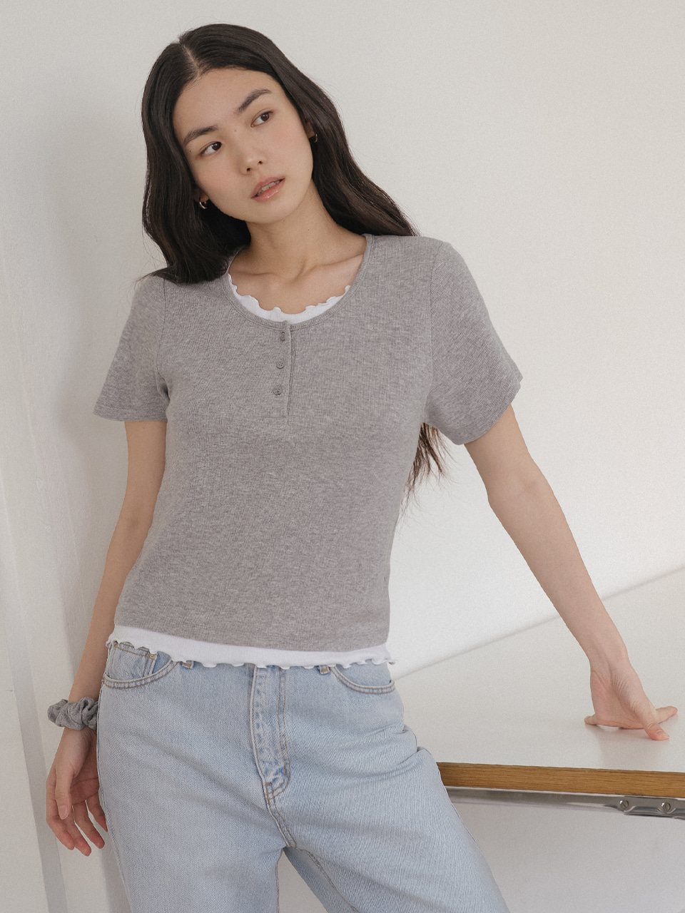Layered ruffle rib t-shirt [TISU05TS01]_Gray