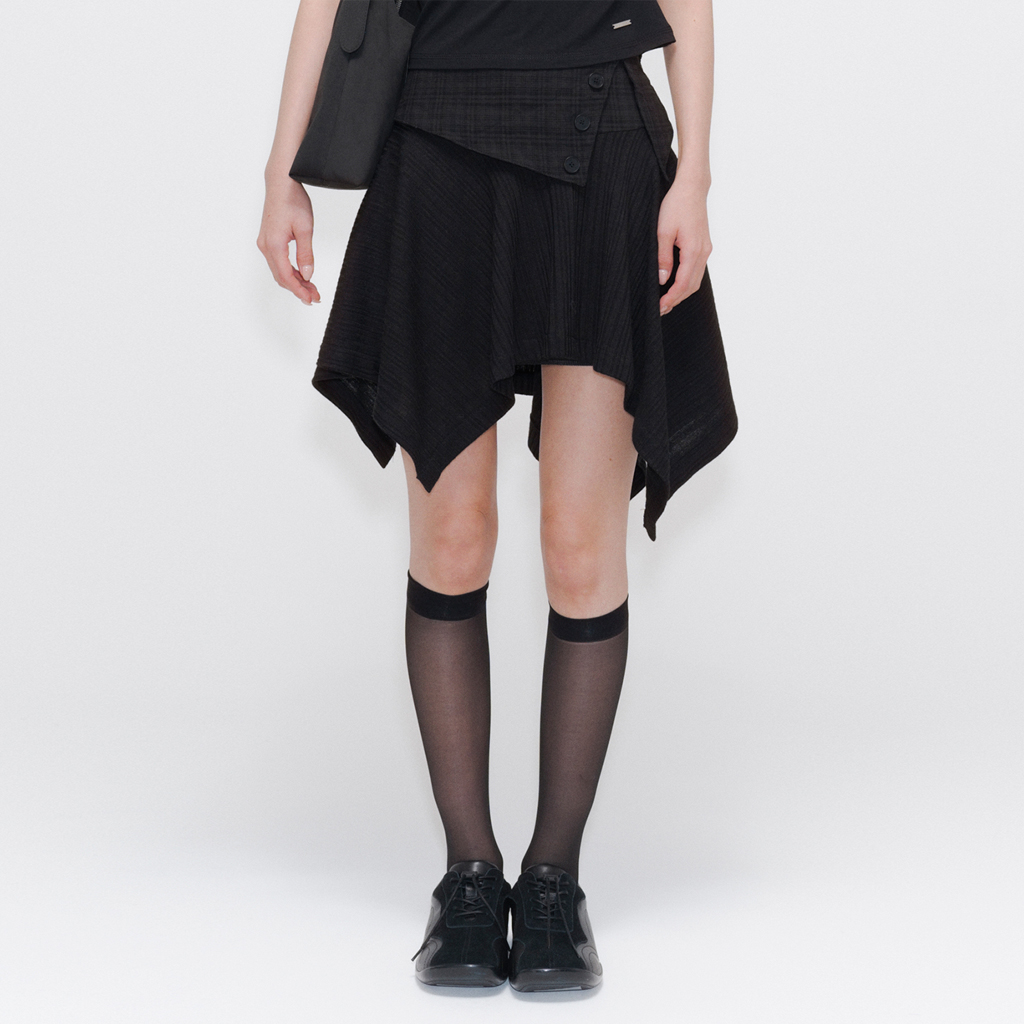 【U LAN】Unbalanced Pleated Mini Skirt Pleated unbalanced skirt - Hamong | 60% - Asian Fashion