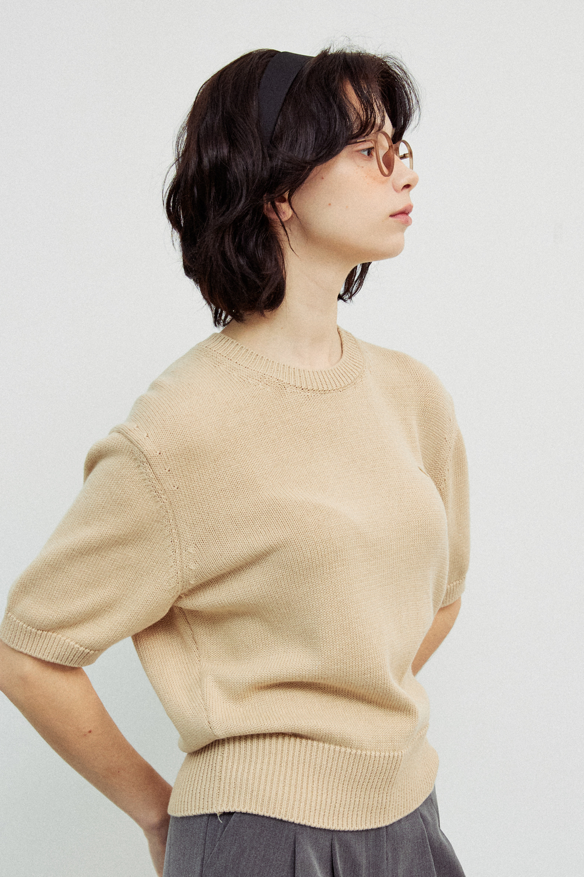 森の風」コットン100％ やわらか半袖ラウンドニットトップ（ベージュ S