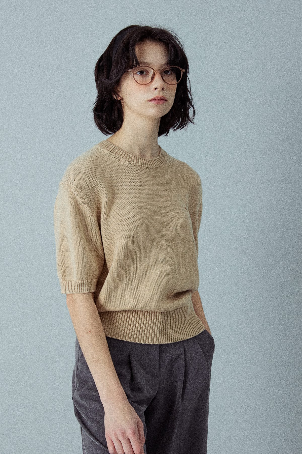 森の風」コットン100％ やわらか半袖ラウンドニットトップ（ベージュ S