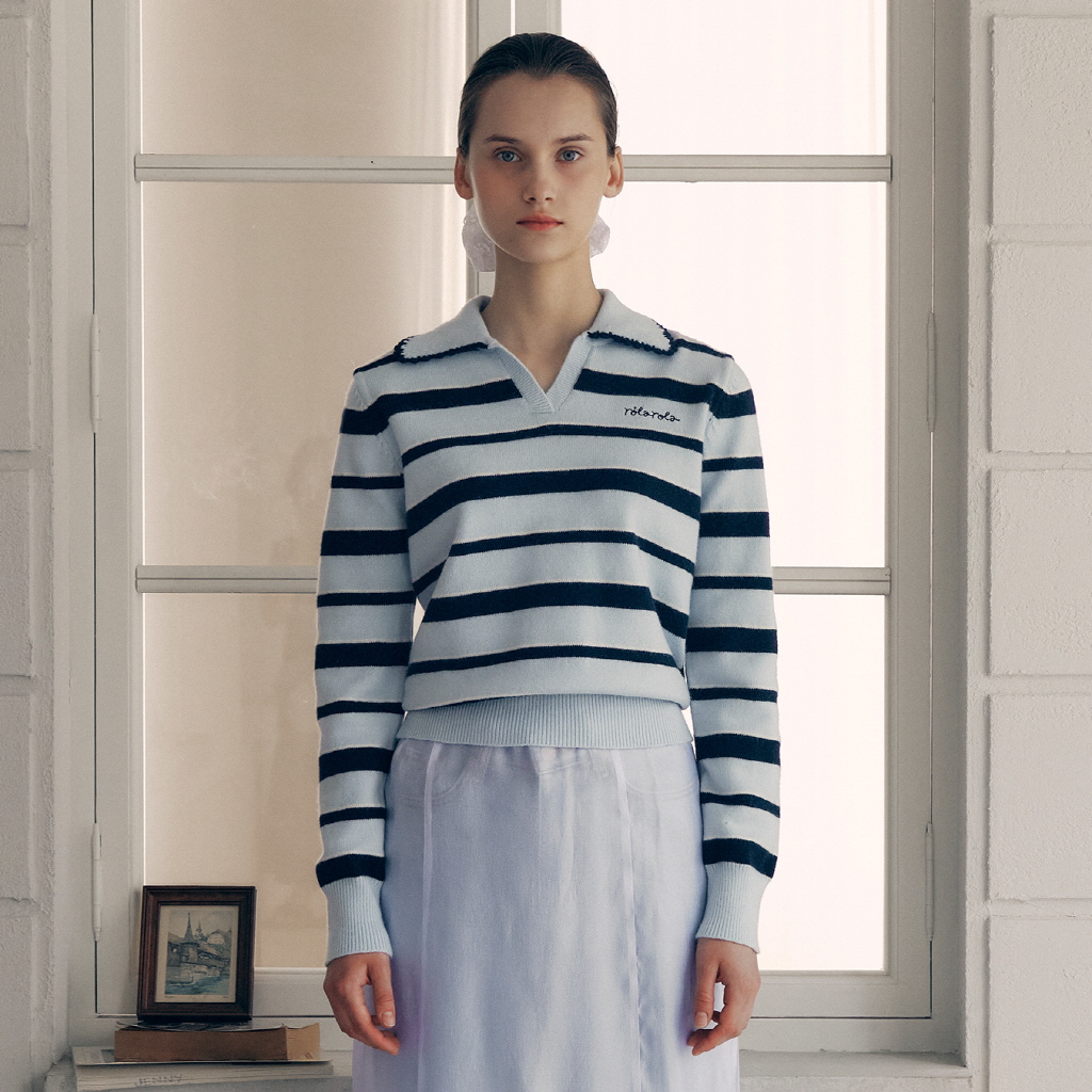 V NECK COLLAR STRIPE KNIT PULLOVER BLUE | ファッション通販