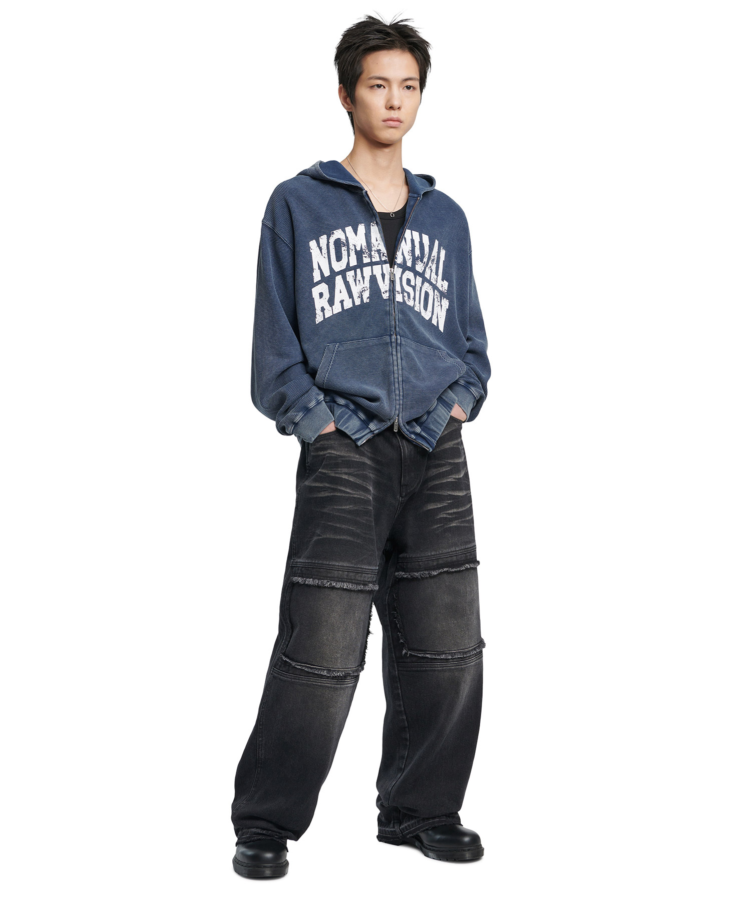 MSCHF HOODED WAFFLE ZIP-UP ネイビー MSCHF HOODED WAFFLE ZIP-UP ネイビー Waffle Zip Hooded Sweatshirt