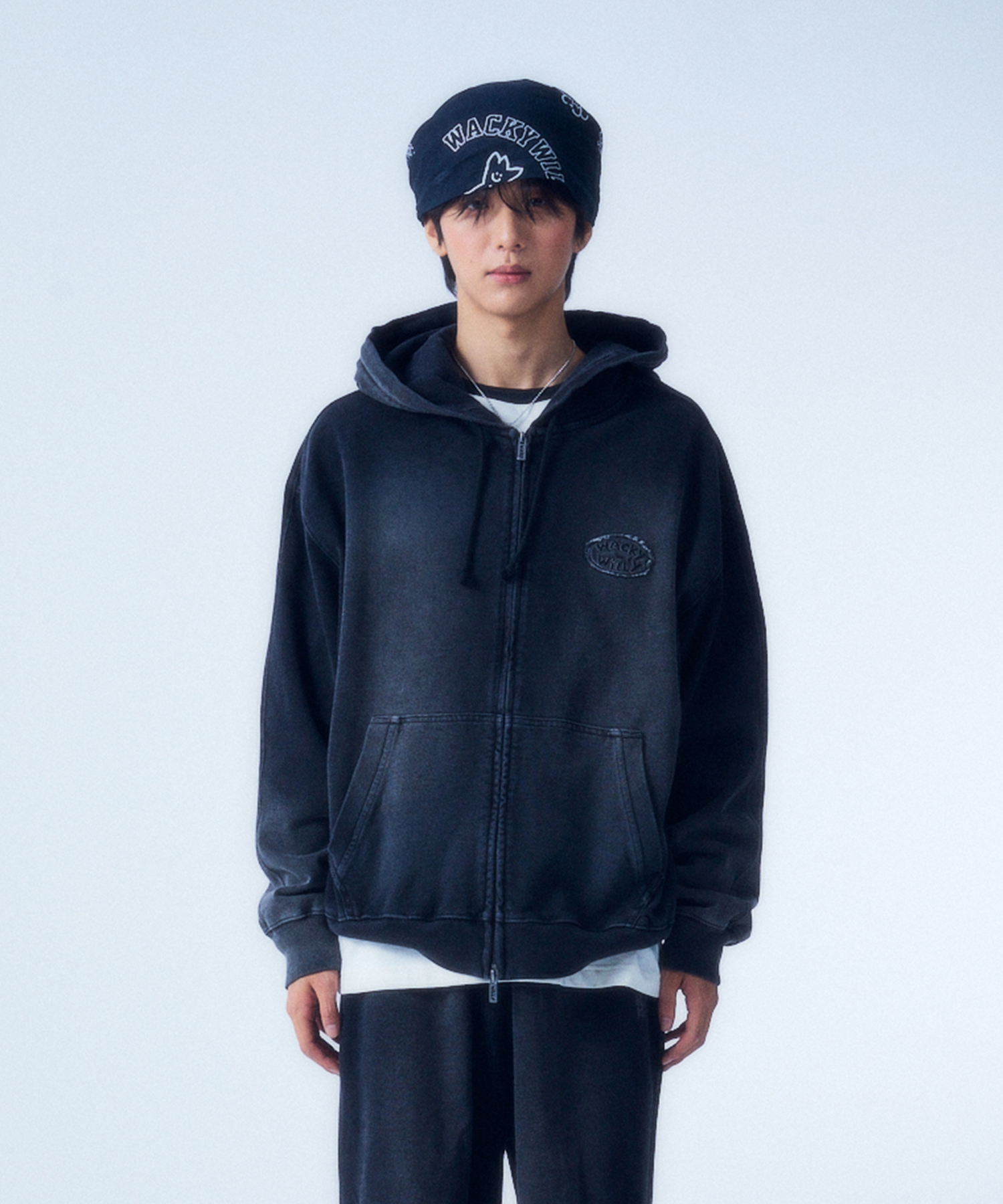 Denim-like hooded zip-up (2 colors)