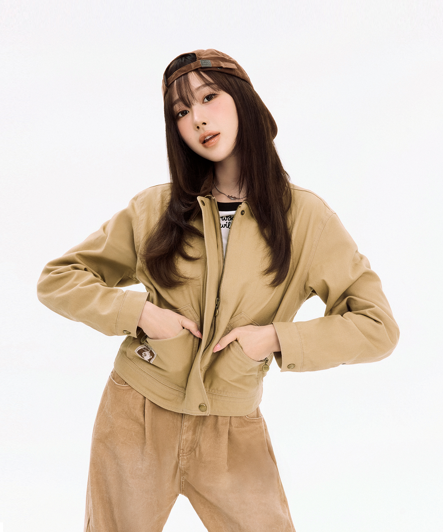 [GISELLE Wearing] Women's Collarless Washed Cotton Jacket Beige