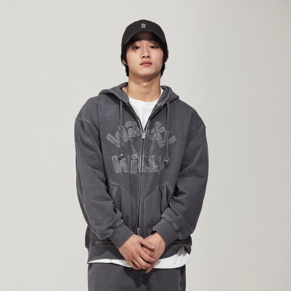 Pigment Vintage Hooded Zip-Up in Charcoal