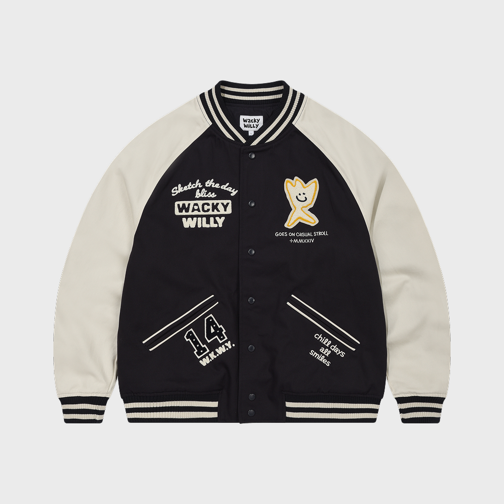 PATCHWORK GRAPHIC VARSITY JACKET NAVY