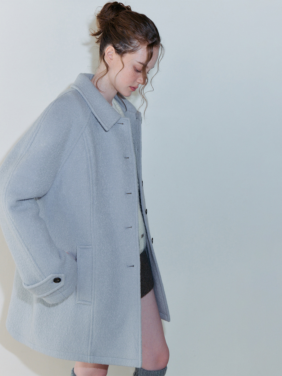 Boucle Stitch Half Coat, Light Blue