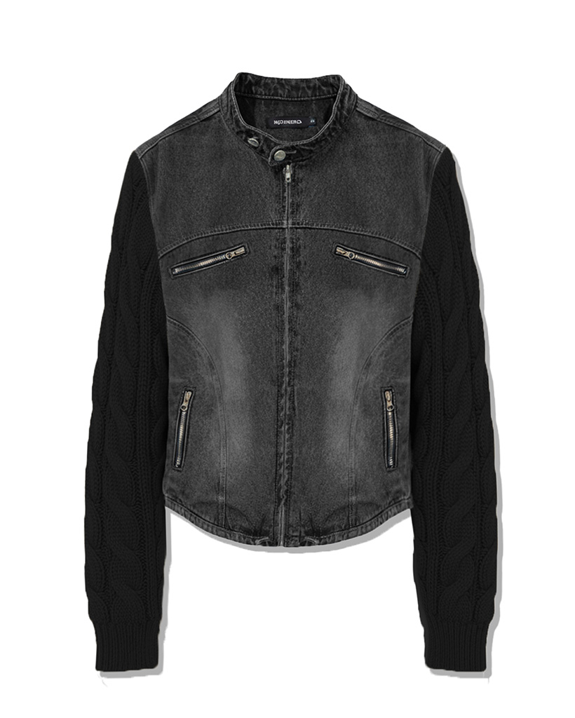 W Incision Knit Sleeve Denim Jacket - Black