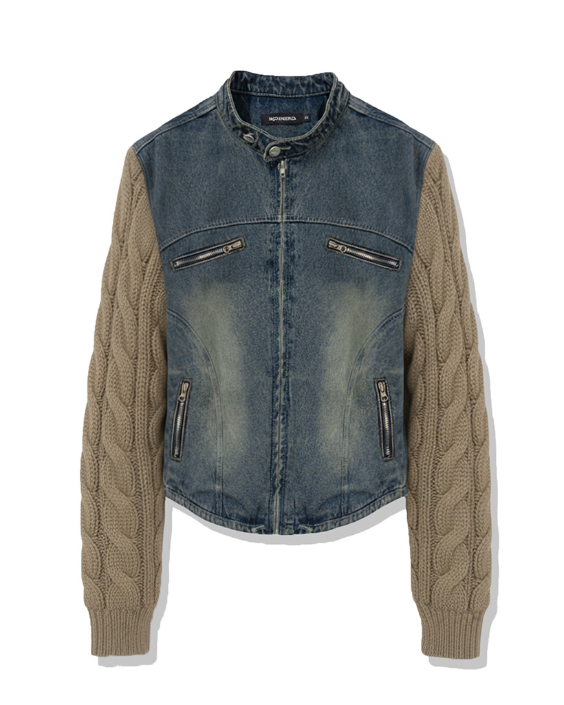 [nugu限定商品] W Incision Knit Sleeve Denim Jacket - Deep Blue